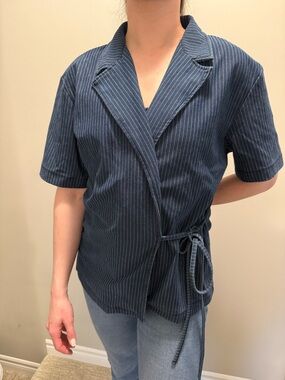 ASOS Navy Pinstripe Wrap-Front Short Sleeve Shirt